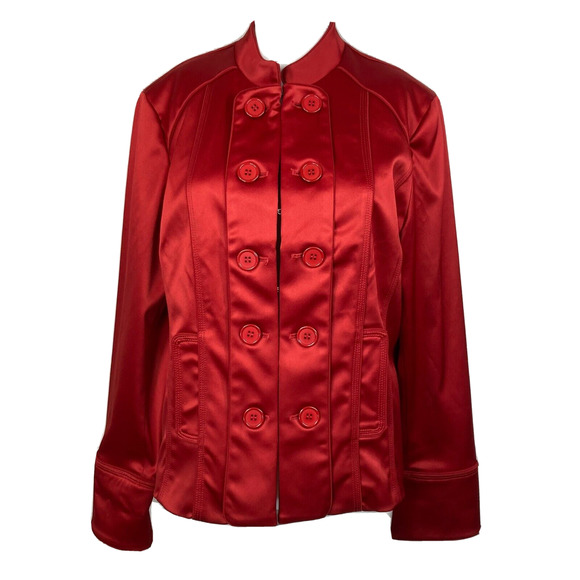 Victor Costa Jacket Blazer Womens Sz M Red Satin Stretch Button Hook Eye - Picture 1 of 9